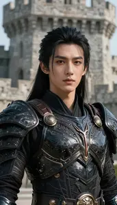 Primal Black Armored Warrior Hero At The Castle