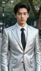 Shining Silver Suited Vigilante Hero In The Public Park