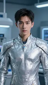Shining Silver Suited Protector Hero In The Laboratory