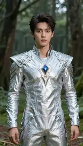 Shining Silver Suited Guardian Hero On The Forest Trail