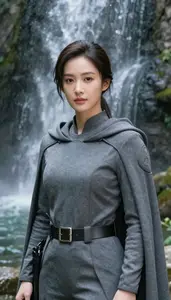 Stone Gray Caped Agent Hero At The Waterfall