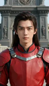Streamlined Red Suited Knight Hero At The Historic Monument