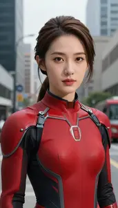 Streamlined Red Suited Operative Hero In The Downtown