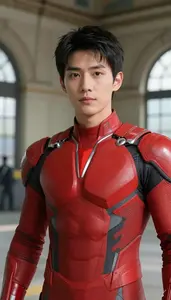 Streamlined Red Suited Protector Hero At The Train Station