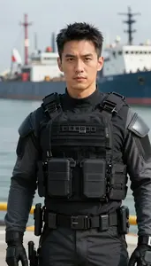 Tactical Black And Gray Warden Hero At The Harbor