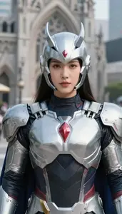 Technological Silver Caped Captain Hero In The City Plaza