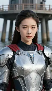 Technological Silver Caped Commander Hero On The Pier