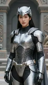 Technological Silver Caped Soldier Hero At The Ancient Ruins