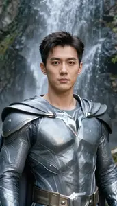 Titanium Gray Caped Colossus Hero At The Waterfall