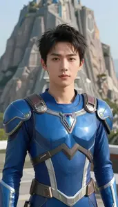 Universal Blue Armored Savior Hero On The Mountain Peak