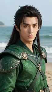 Untamed Green Caped Protector Hero At The Ocean Shore