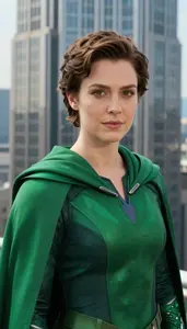 Verdant Green Caped Commander Hero In The Skyscraper