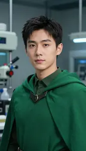 Verdant Green Caped Soldier Hero In The Laboratory
