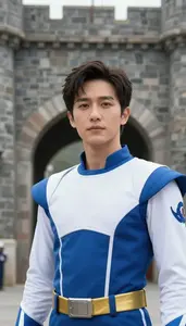 Wave Blue And White Captain Hero At The Fortress Gate
