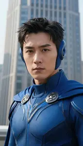 Aerodynamic Blue Caped Soldier Hero In The Skyscraper