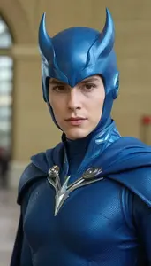 Aerodynamic Blue Caped Harbinger Hero At The Train Station