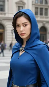 Aerodynamic Blue Caped Liberator Hero In The City Plaza
