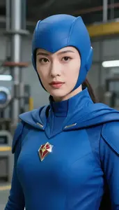 Aerodynamic Blue Caped Guardian Hero In The Factory