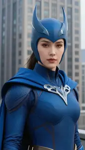 Aerodynamic Blue Caped Harbinger Hero In The Skyscraper