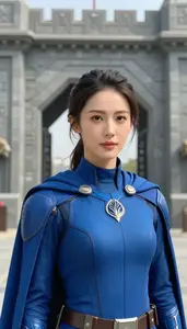 Aerodynamic Blue Caped Scout Hero At The Fortress Gate