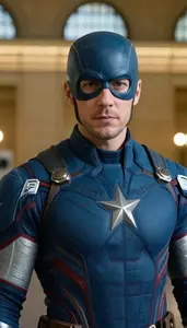 Aquatic Blue Caped Avenger Hero At The Train Station