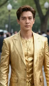 Aristocratic Gold Suited Avenger Hero In The Public Park