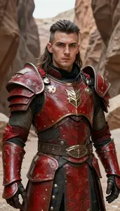 Battle Scarred Red Armored Paladin Hero In The Canyon