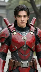 Battle Scarred Red Armored Protector Hero In The Park