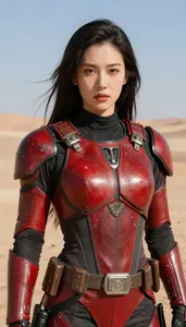 Battle Scarred Red Armored Vigilante Hero In The Desert