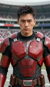 Battle Scarred Red Armored Vigilante Hero At The Stadium