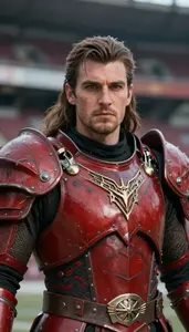 Battle Scarred Red Armored Paladin Hero At The Stadium