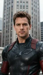 Black Leather Suited Avenger Hero At The Downtown Tower