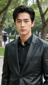 Black Leather Suited Paragon Hero In The Public Park