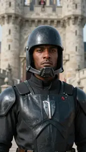 Black Suited Sentinel Hero At The Castle