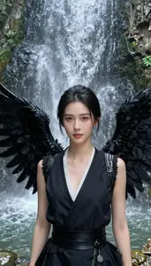 Black Winged Soldier Hero At The Waterfall
