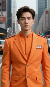 Blazing Orange Suited Commander Hero In The Commercial