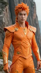 Blazing Orange Suited Warrior Hero On The Cliff