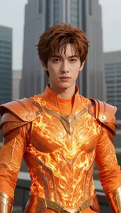 Blazing Orange Suited Knight Hero At The Downtown Tower