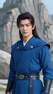 Blue Cloaked Soldier Hero On The Mountain Peak