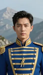 Blue And Gold Striped Soldier Hero On The Mountain Peak