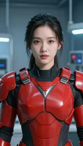 Bright Red Armored Agent Hero In The Laboratory