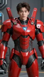 Bright Red Armored Commander Hero At The Industrial Complex