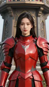 Bright Red Armored Knight Hero At The Observation Tower