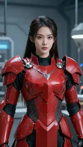 Bright Red Armored Lord Hero In The Laboratory