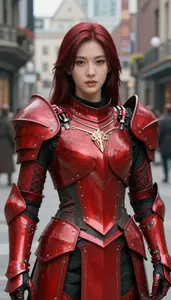 Bright Red Armored Paladin Hero In The City Street