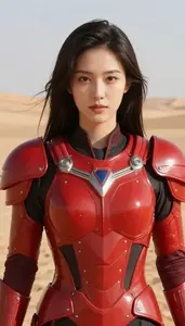 Bright Red Armored Protector Hero In The Desert Landscape