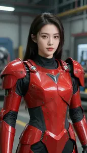 Bright Red Armored Protector Hero In The Factory