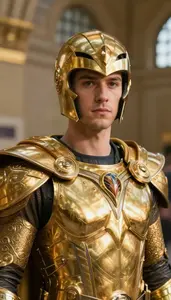 Brilliant Gold Caped Protector Hero At The Train Station