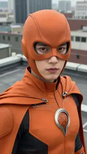 Burnt Orange Caped Defender Hero On The Rooftop