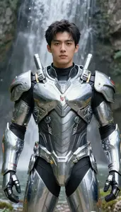 Chrome Silver Armored Colossus Hero At The Waterfall